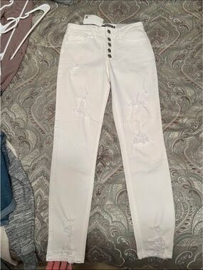 White Distressed Women’s Jeans - Button Fly